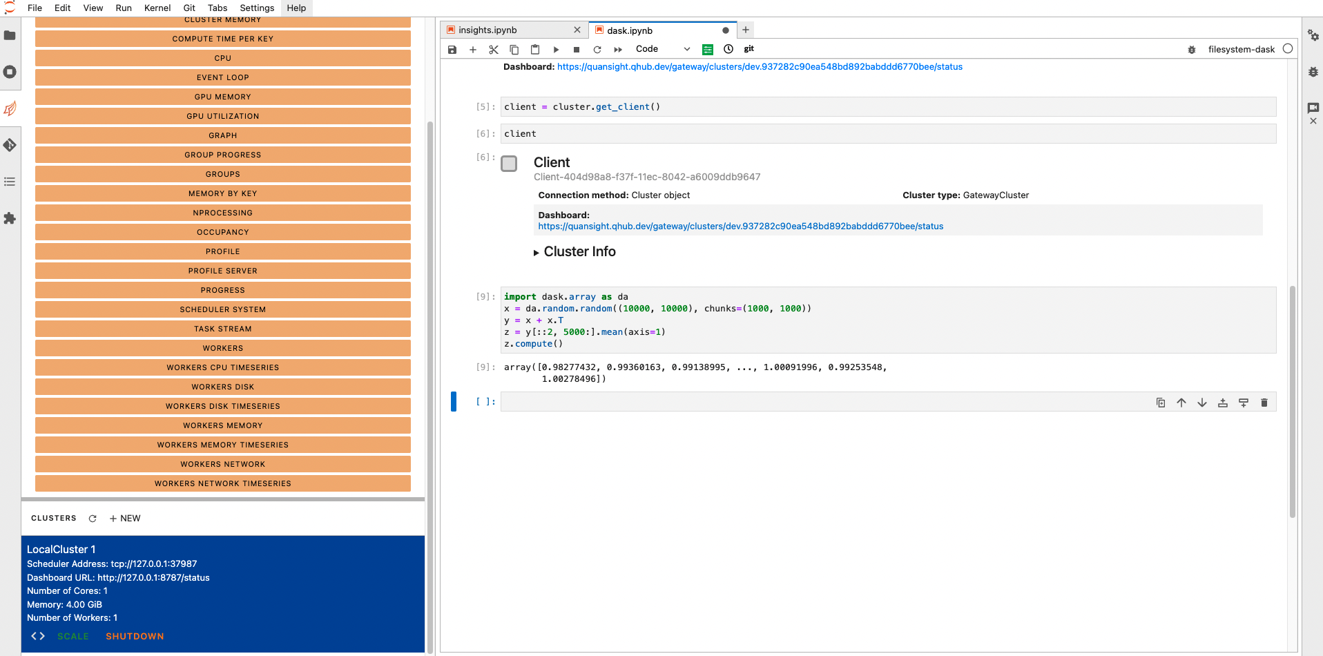 Dask-labextension UI In JupyterLab - displays the demo notebook and a list of cluster settings 