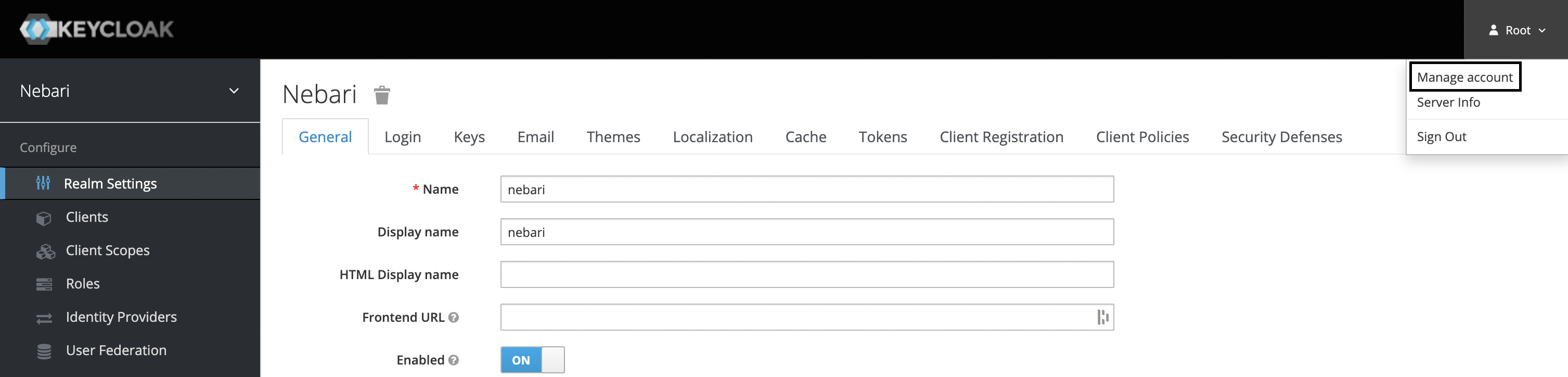 Keycloak root user page - manage account tab selected 