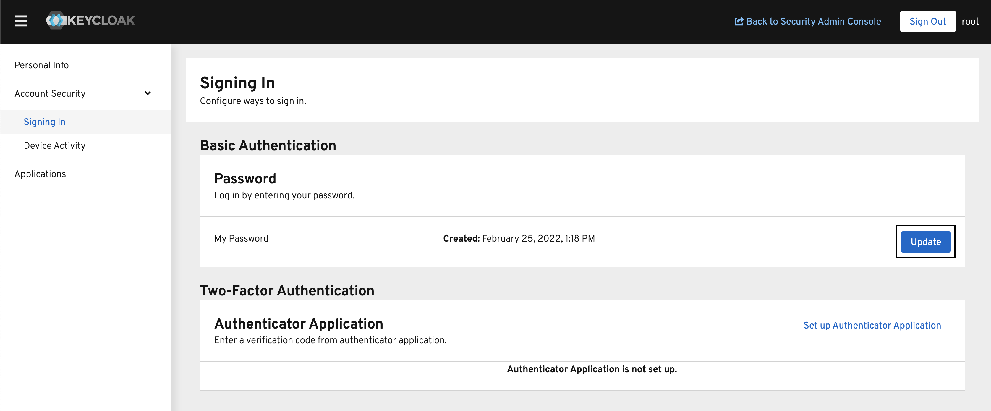 Keycloak root user page - account security, update password 