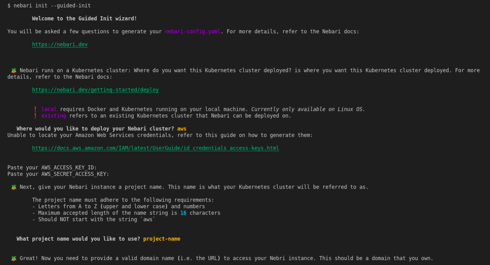 A representation of the output generated when Nebari init guided-init command is executed. 