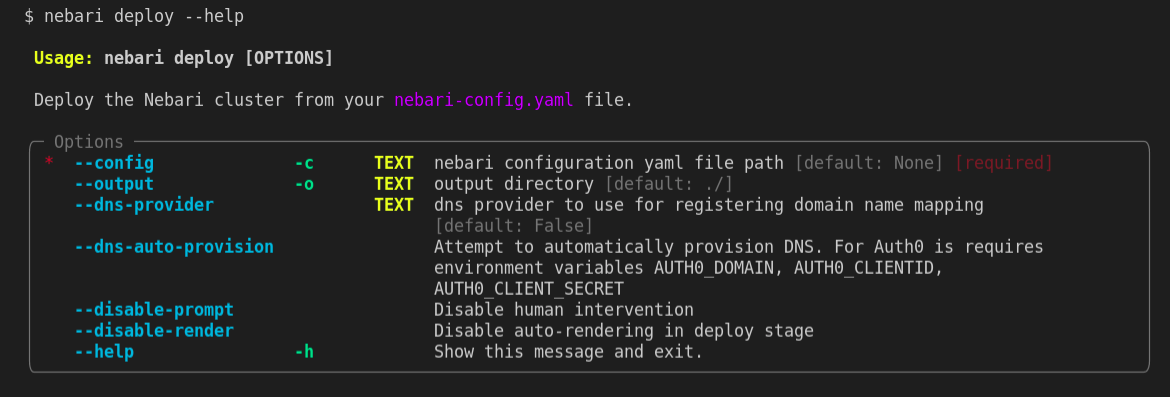 A representation of the output generated when nebari deploy help command is executed. 