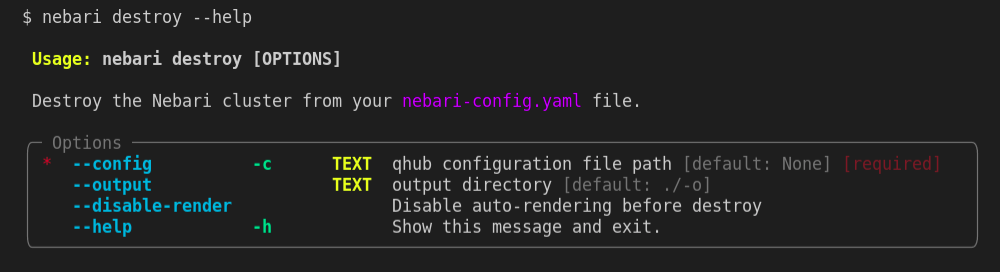 A representation of the output generated when nebari deploy help command is executed. 