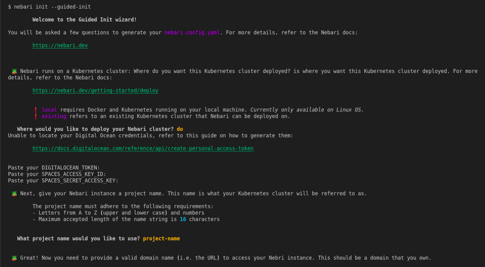 A representation of the output generated when Nebari init guided-init command is executed. 