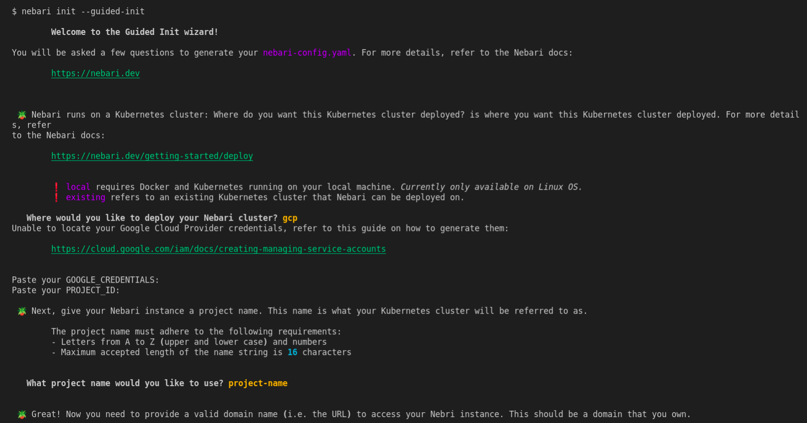 A representation of the output generated when Nebari init guided-init command is executed. 