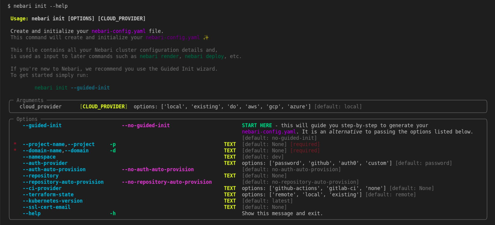 A representation of the output generated when Nebari init help command is executed, the output contains a list of the available options and arguments and their use. 