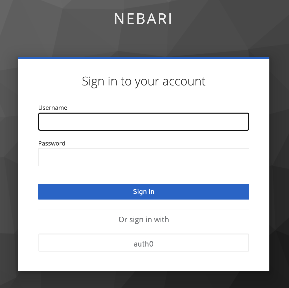 Nebari Keycloak auth screen - shows a form to provide username or password or to authenticate through Auth0 